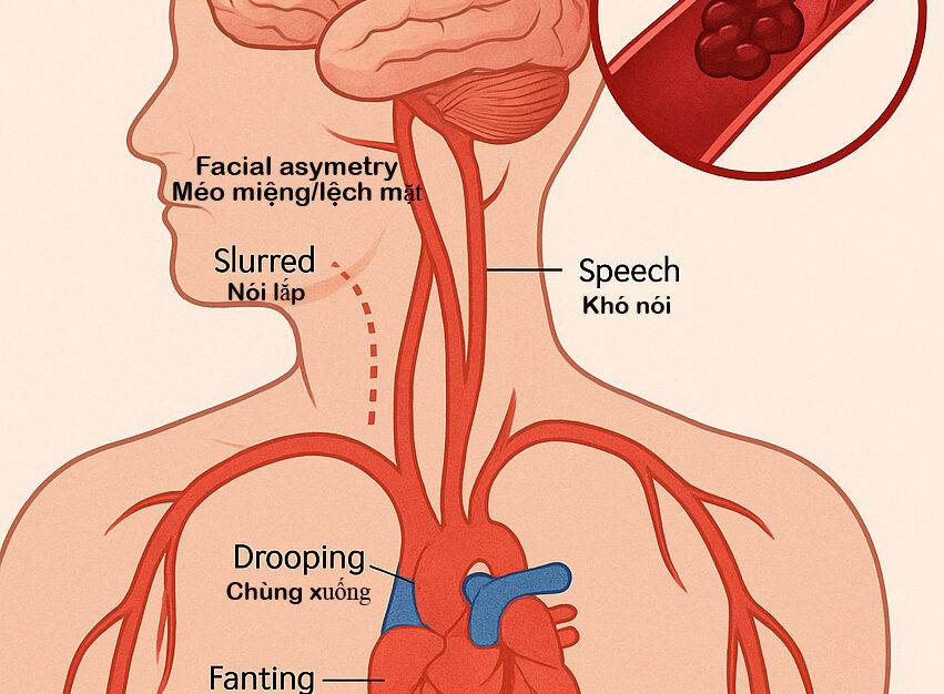 Illustration of brain and body showing early warning signs of blood clot stroke
