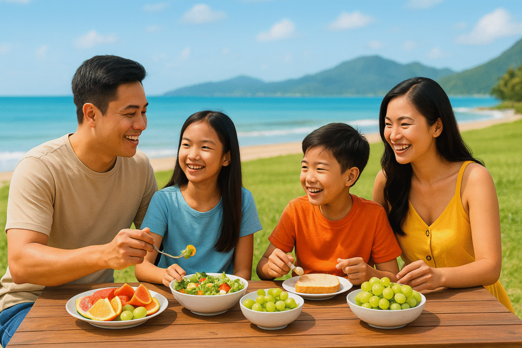Family enjoying a healthy meal on vacation to support gut health while traveling